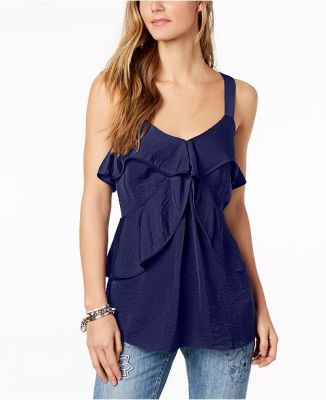 MICHAEL KORS HAMMERED SATIN RUFFLE TANK NAVY BLUE