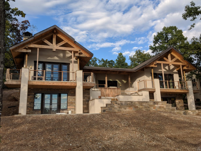 Architecture Design Lake Lodge Timbered Trusses Terrace Patio