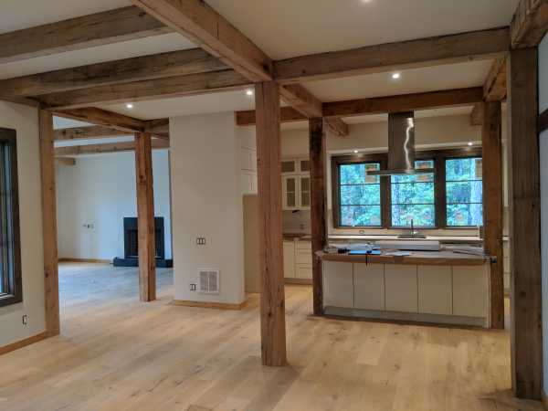 Architecture Design Lake Lodge Timbered Kitchen Living Room