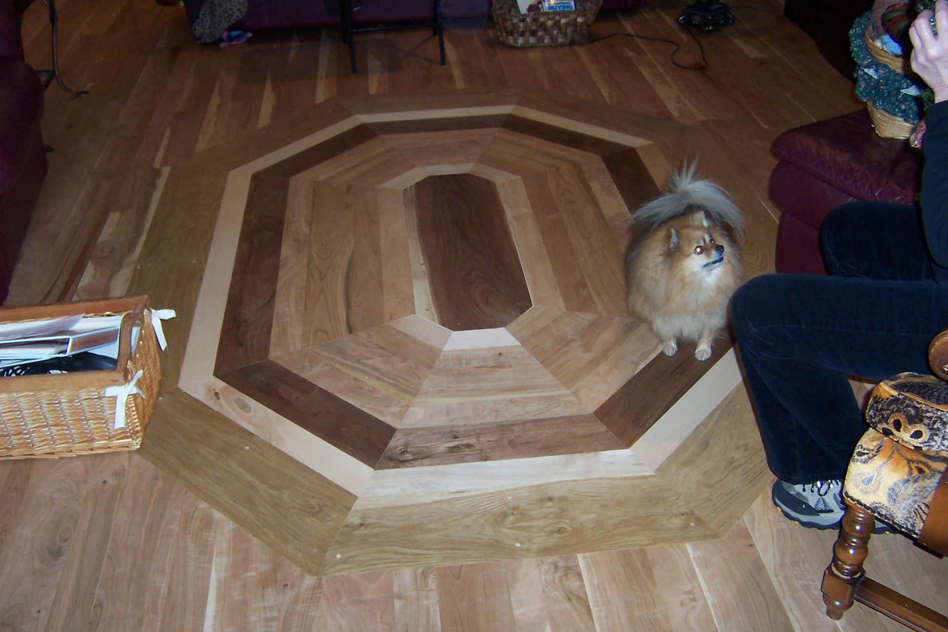 Walnut, White Oak, Cherry, Maple Medallion with photo bombing dog