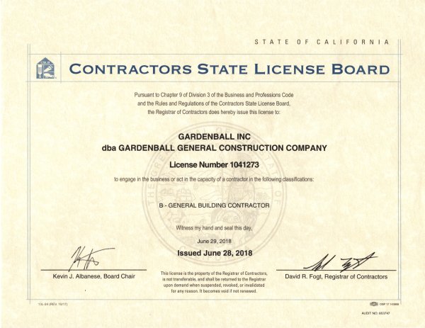 Gardenball Inc is a California State licensed Contractor