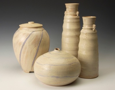 ginger jar 14"h with ribbed bottles and a gourd bottle