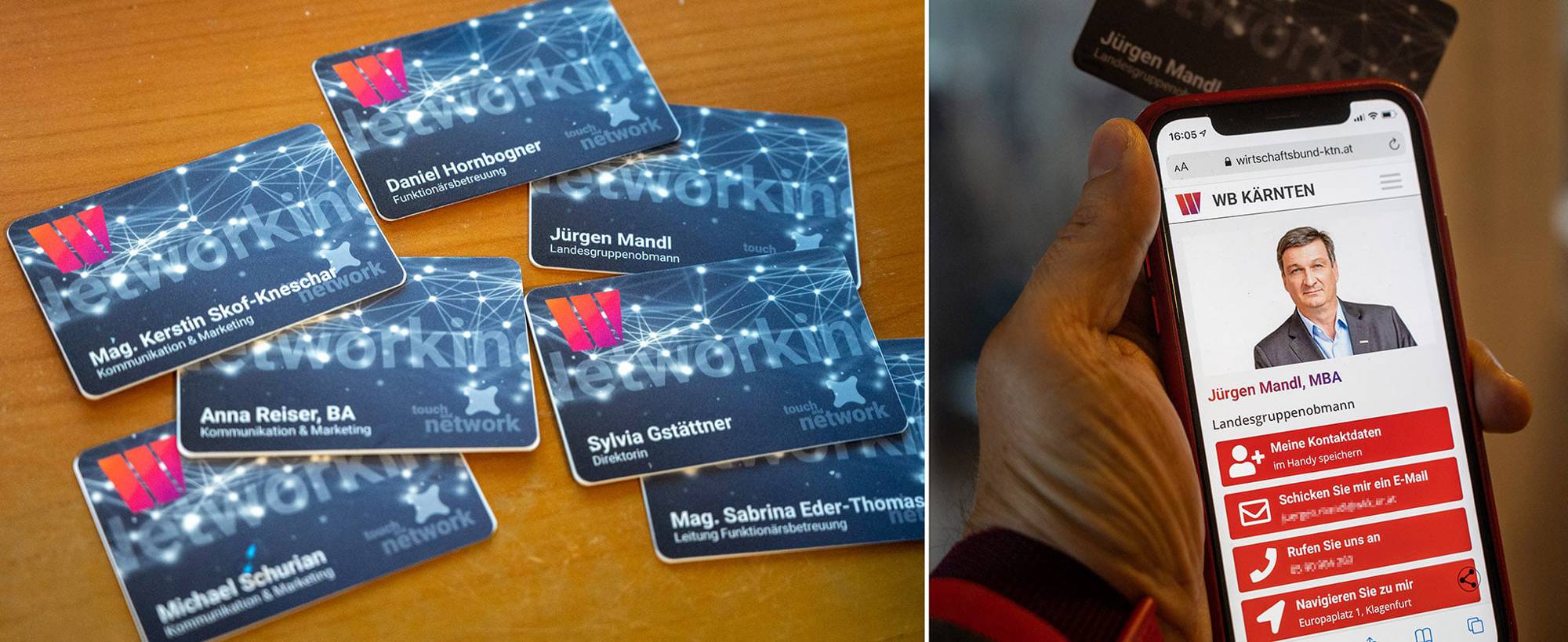 NFC cards touching a phone with a virtual business card coming up Touch & Network cards: Because every phone has got NFC built right into it.