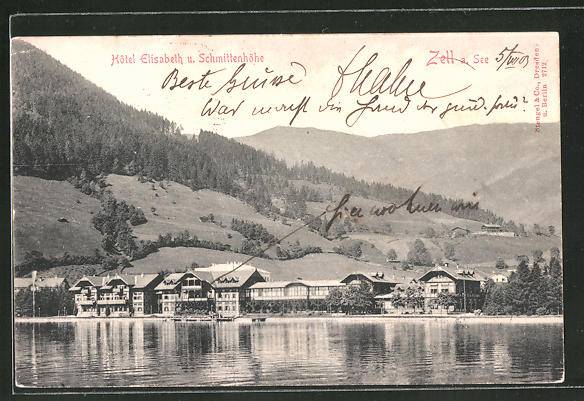 Historical postcard black and white Zell am See view to Hotel Elisabeth and the Schmittenhöhe