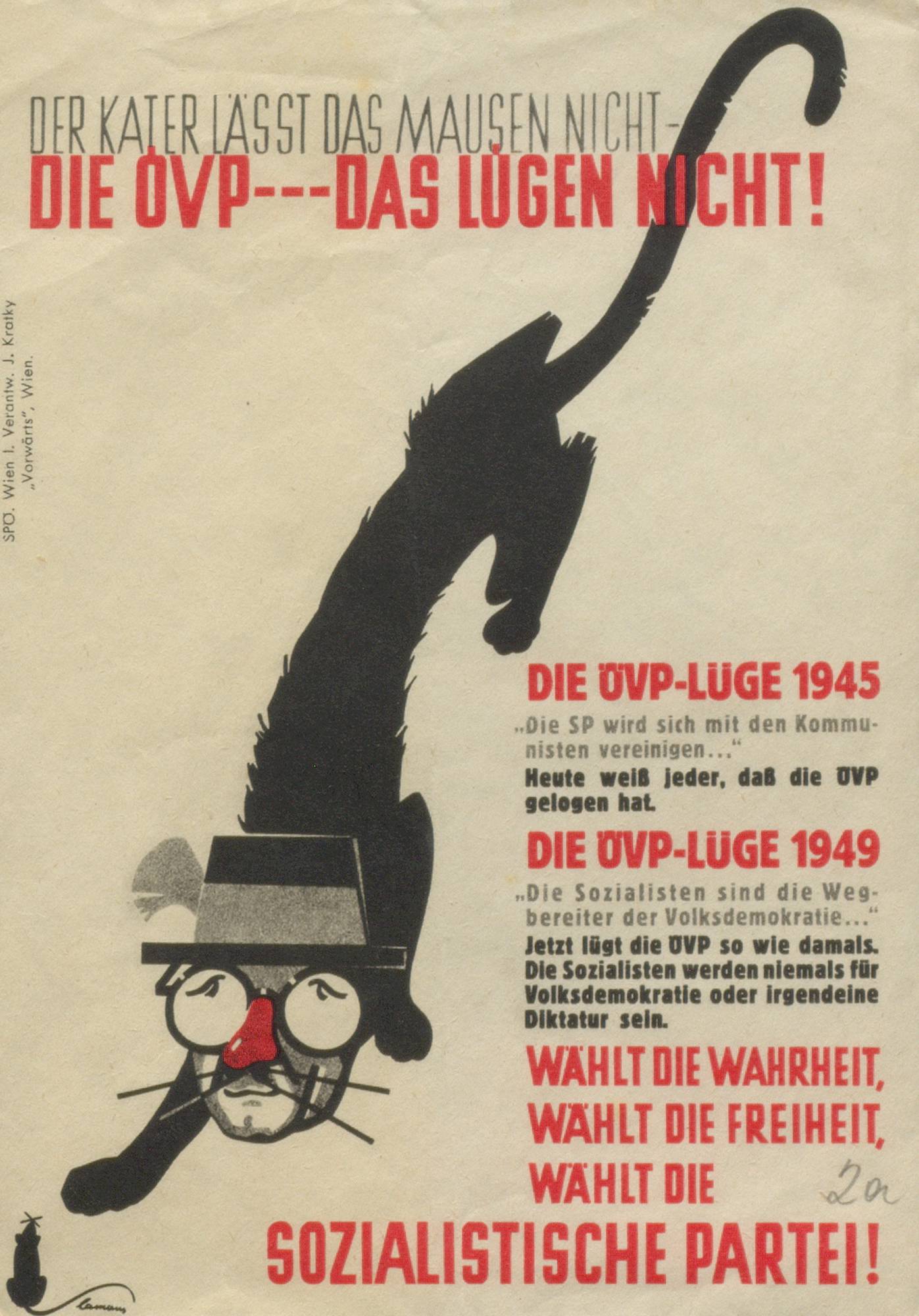 Der schwarze Kater mit der roten Nase und den Gesichtszügen von Bundeskanzler Figl – eines der aggressivsten SPÖ-Wahlkampfplakate der Nachkriegszeit (1949)