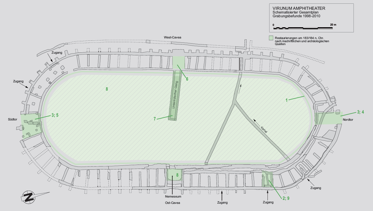 Schematisierter Grundrissplan des Amphitheaters mit grün hervorgehobenen Restaurierungen um 183/184 n. Chr. nach inschriftlichen und archäologischen Quellen.
