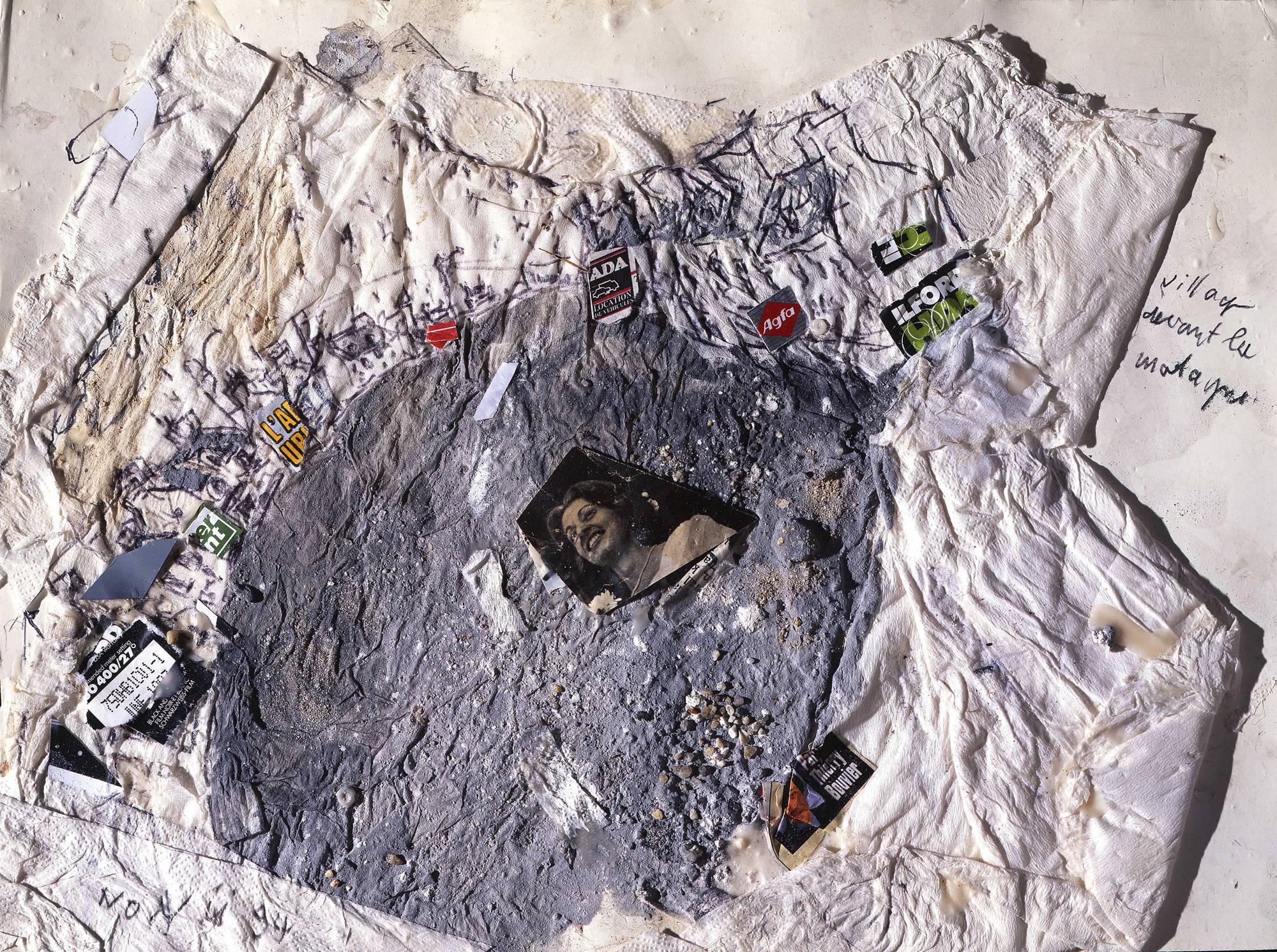 Serviette, village devant la montagne, 1994. Mischtechnik, Collage auf Papier