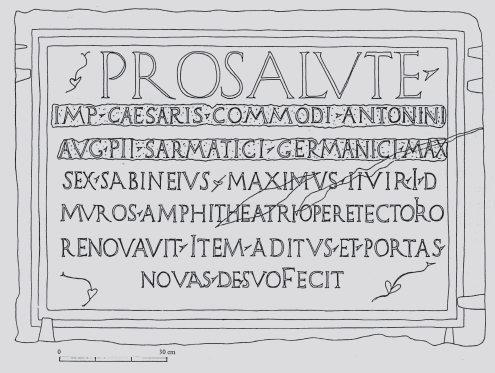 Umzeichnung der Bauinschrift des Bürgermeisters Sext. Sabineius Maximus aus dem Jahr 183/184 n. Chr.