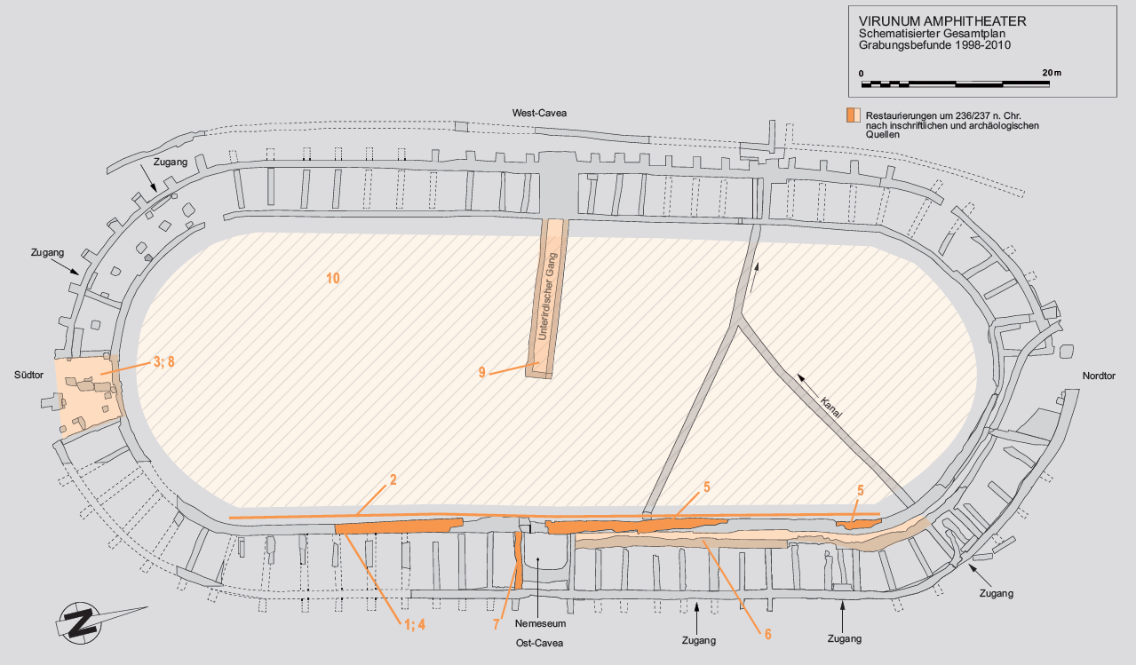 Schematisierter Grundrissplan des Amphitheaters mit orange hervorgehobenen Restaurierungen und Neubauten um 236/237 n. Chr. nach inschriftlichen und archäologischen Quellen.