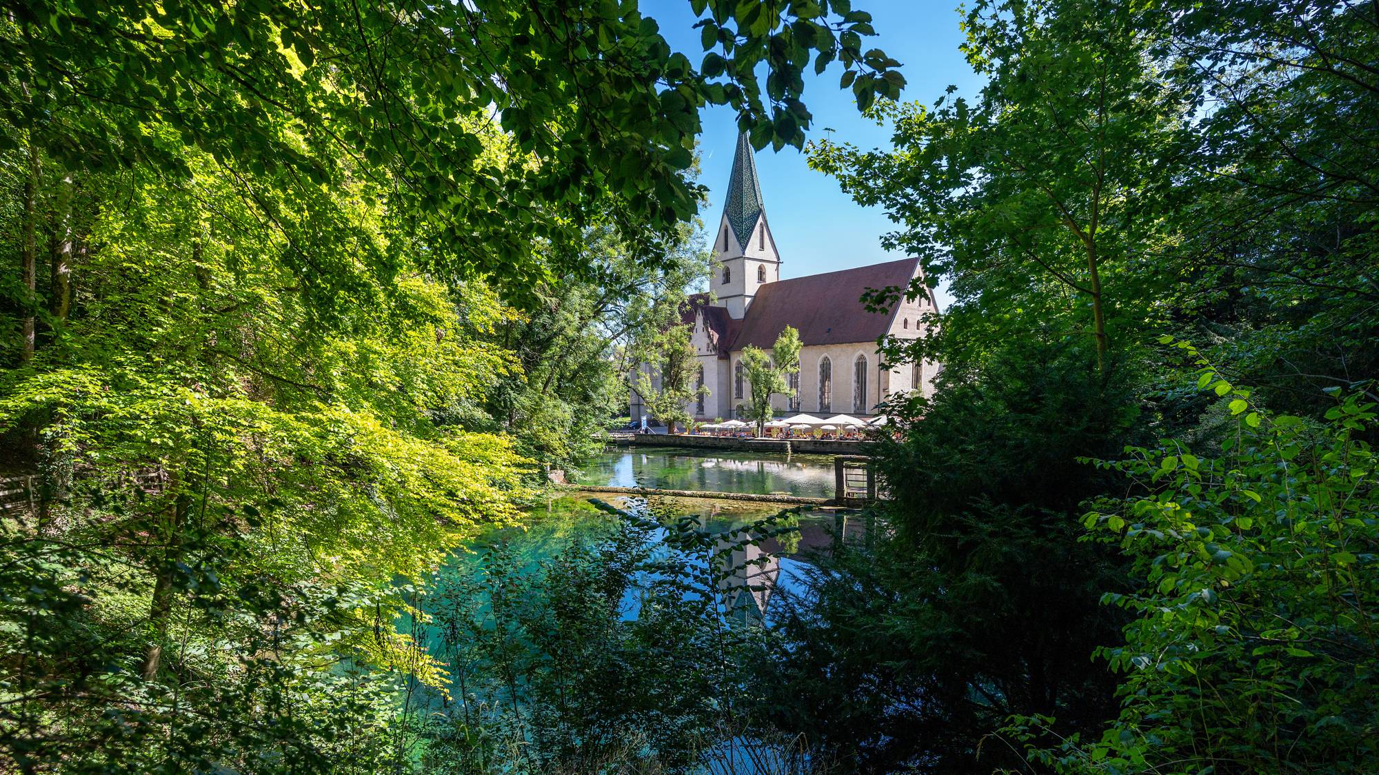 Blick über den Blautopf zur Klosterkirche