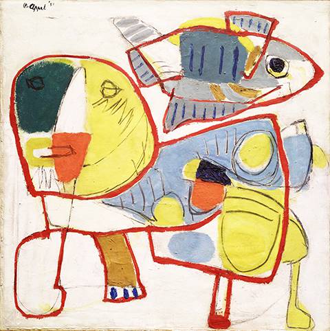 Hund und Fisch in einem abstrakten Bild Karel Appel (1921–2006): Dog and Fish, 1951