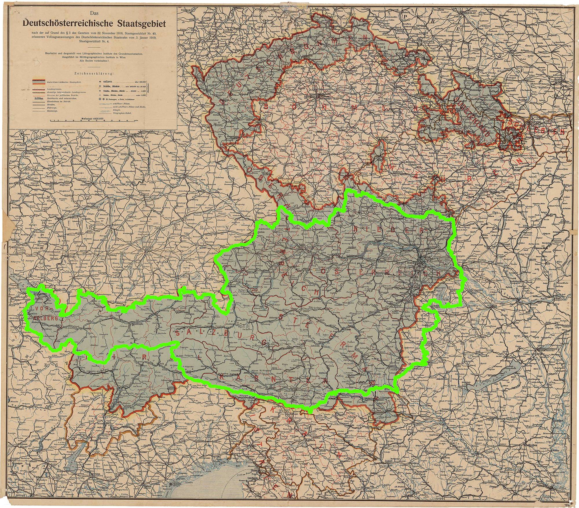 Das deutschösterreichische Staatsgebiet nach den Wunschvorstellungen des Staatsrates vom Jänner 1919 und nach dem Vertrag von St. Germain.  Die angestrebte staatliche Vereinigung aller Deutschösterreicher wurde weit verfehlt. Mehr als 3 Millionen von ihnen wurden zu Minderheiten in Italien, Jugoslawien und in der Tschechoslowakei.