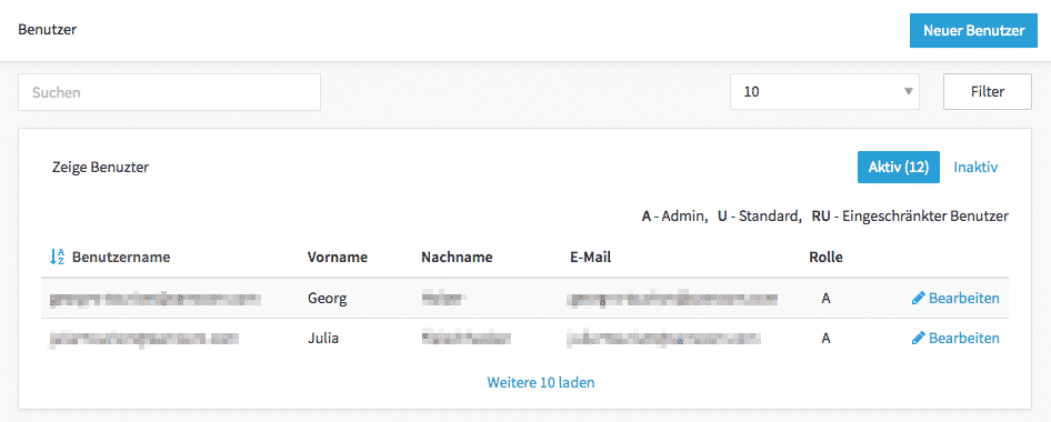 Die Benutzerliste im xamoom CMS