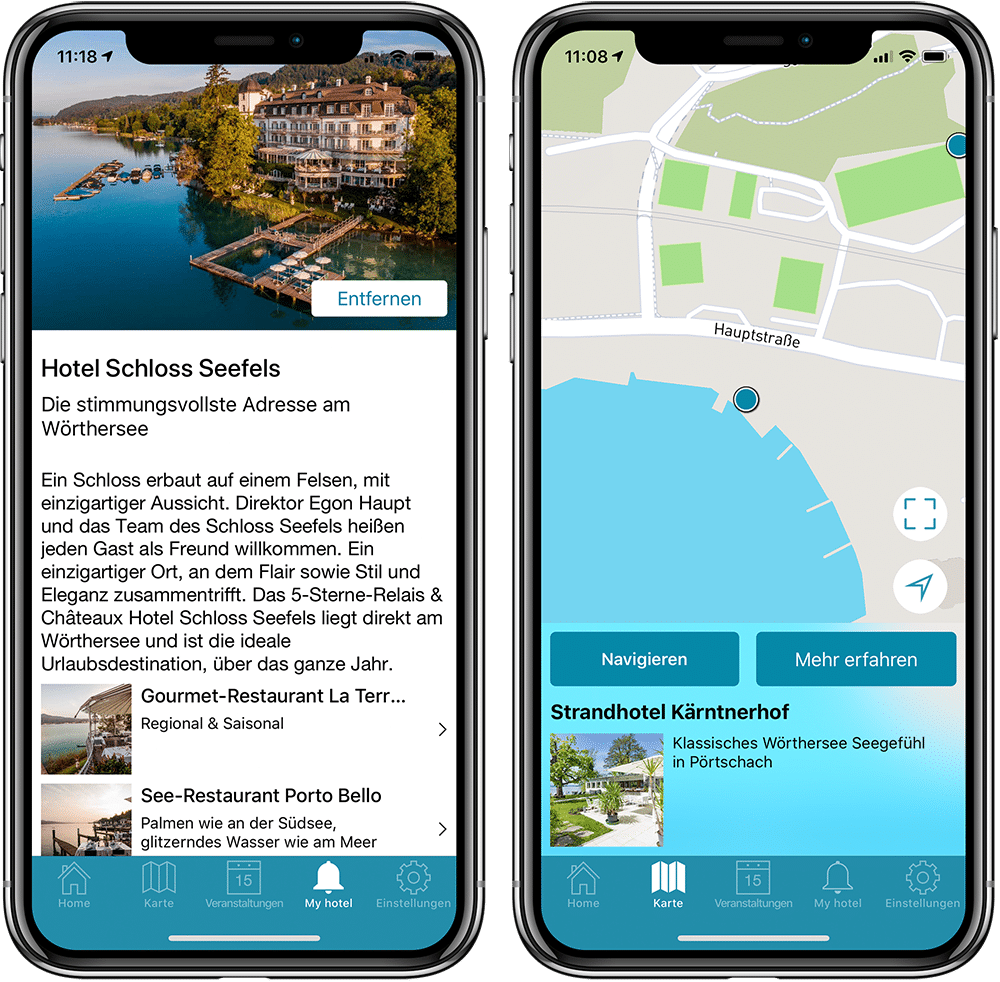 Two screenshots of the Lake Woerth App showing the MyHotel screen and the map functionality