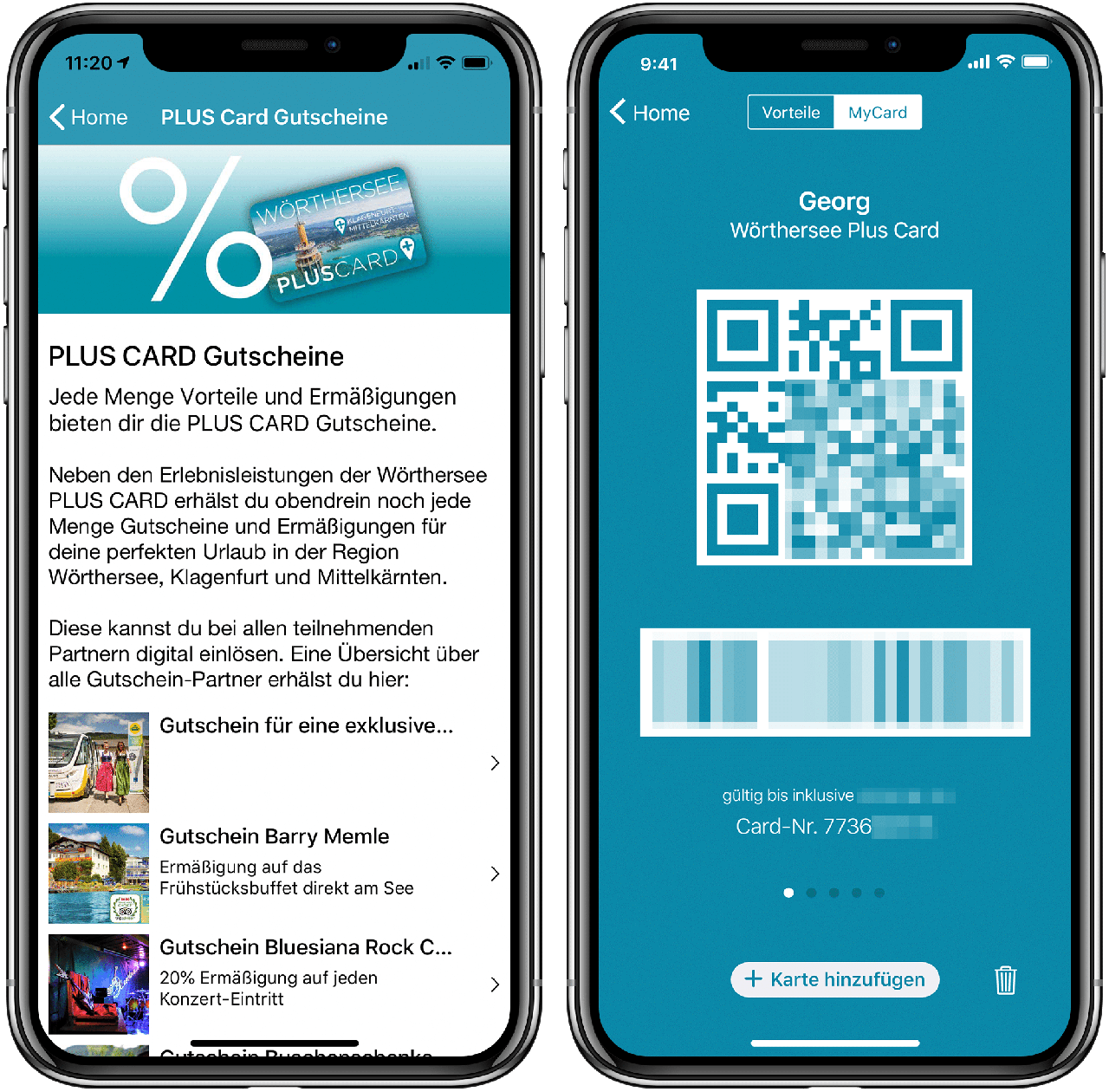 Two screenshots of the Lake Woerth App showing the card functionality