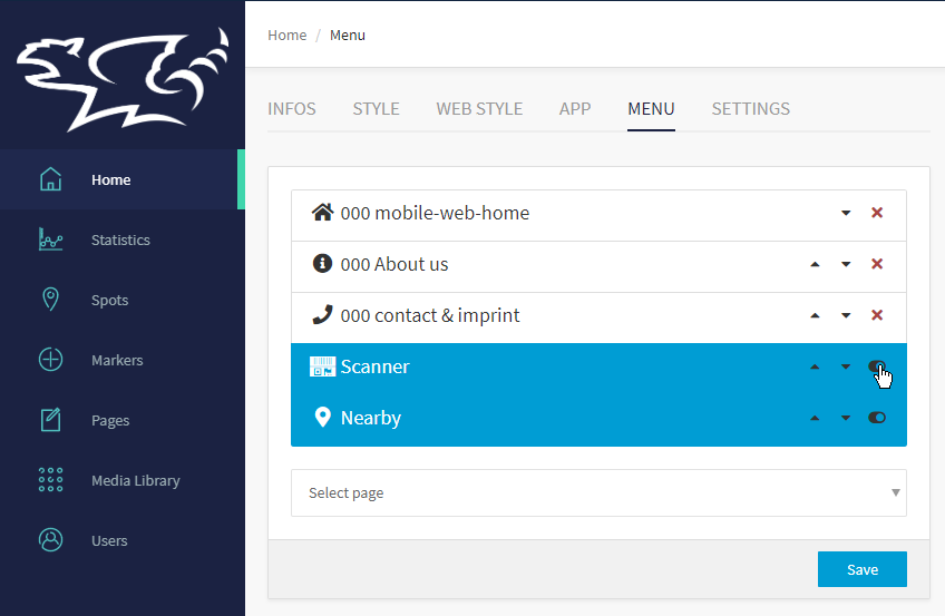 Menu settings in the xamoom CMS.