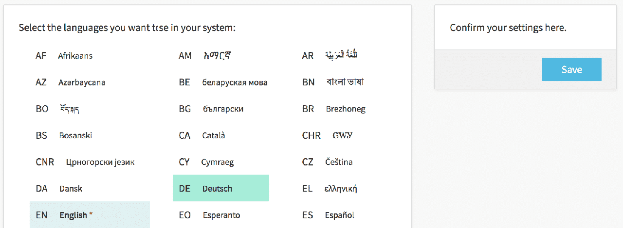 The language selection on the settings page