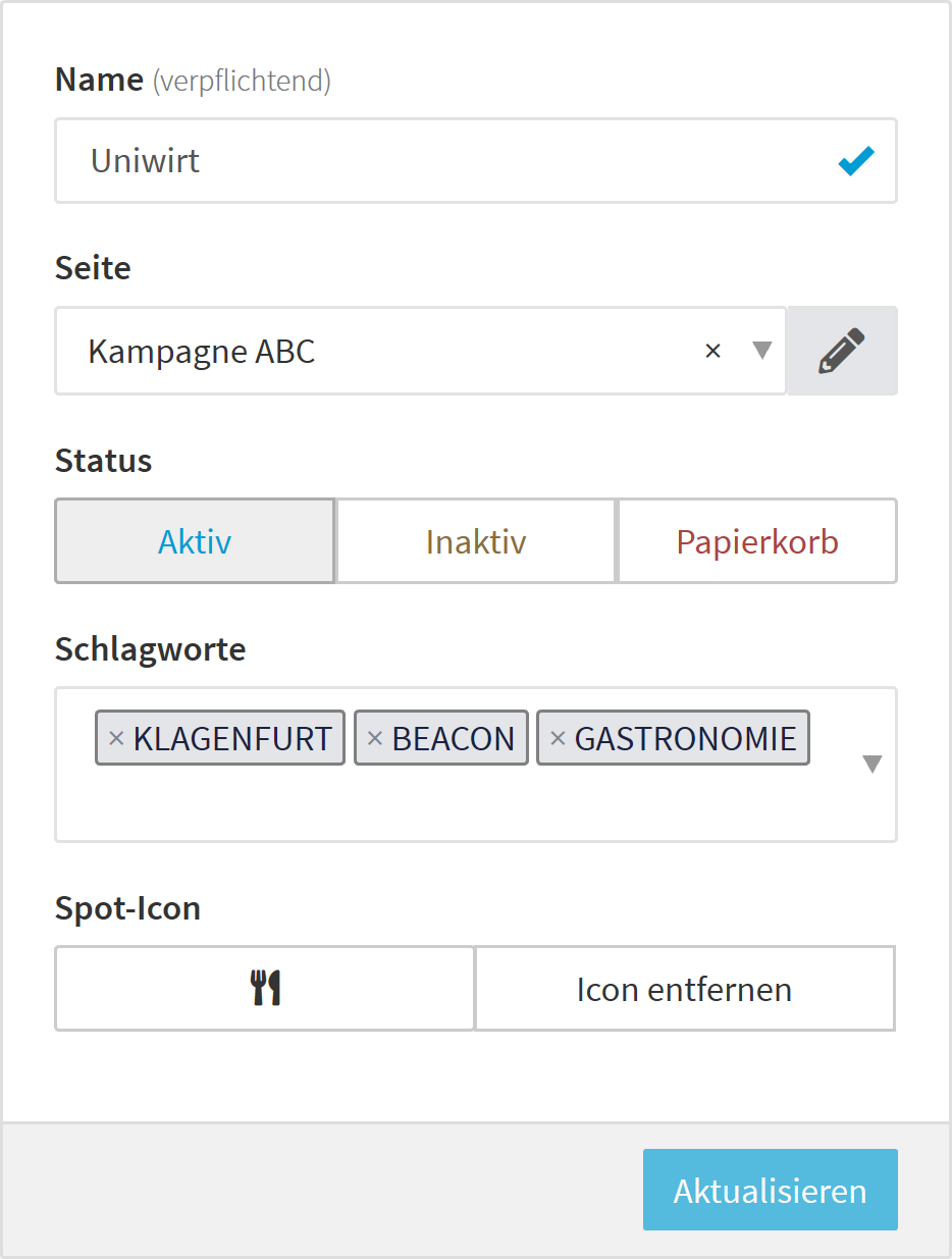 Die Seitenauswahl rechts oben im Spot-Editor