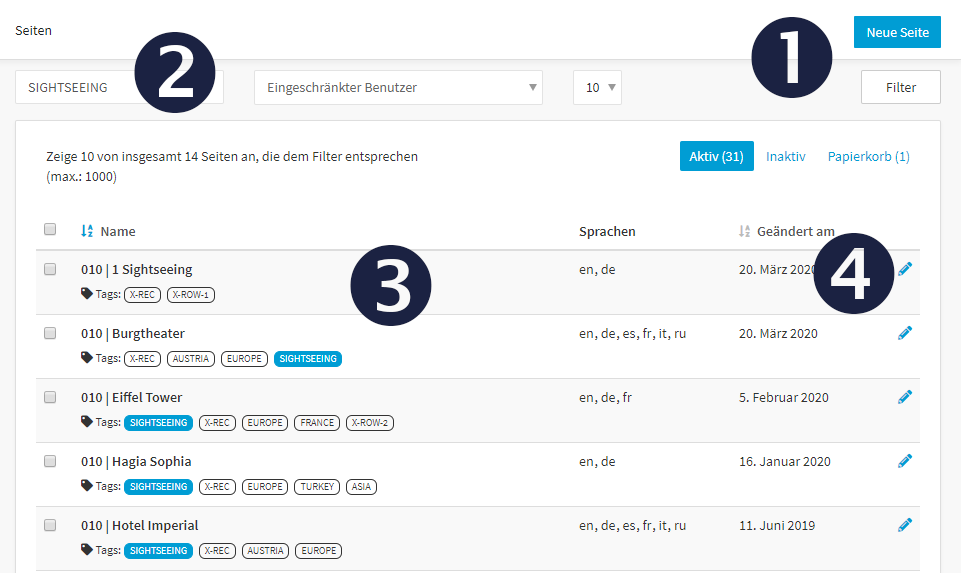 Eine Liste von Seiten im xamoom CMS