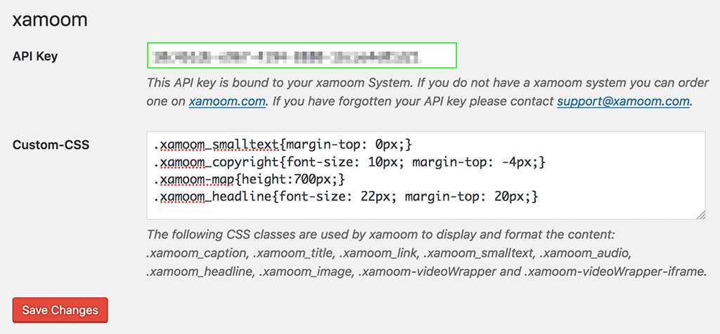 The settings panel for xamoom within WordPress