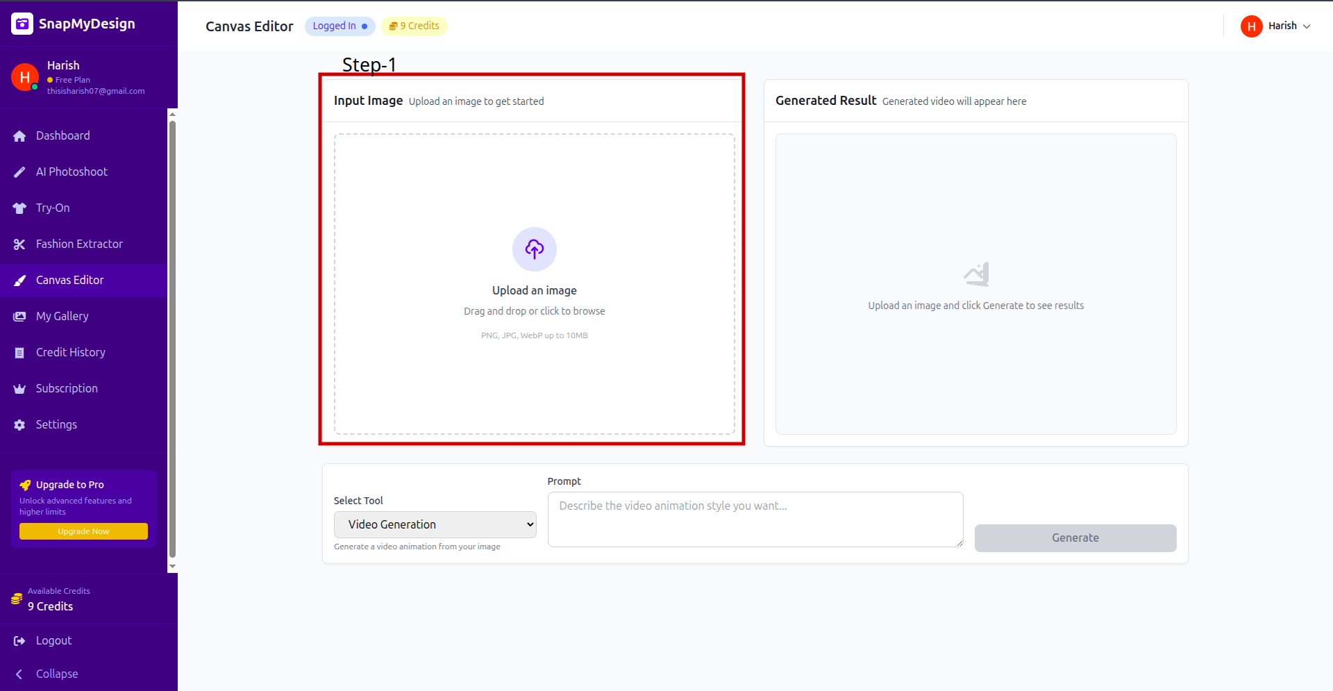 SnapMyDesign AI-powered canvas editor interface showing step one image upload area for creating professional product mockups.