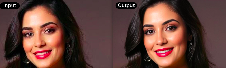 Before and after comparison showing face enhancement results using an AI-powered canvas editor for realistic generated visuals.