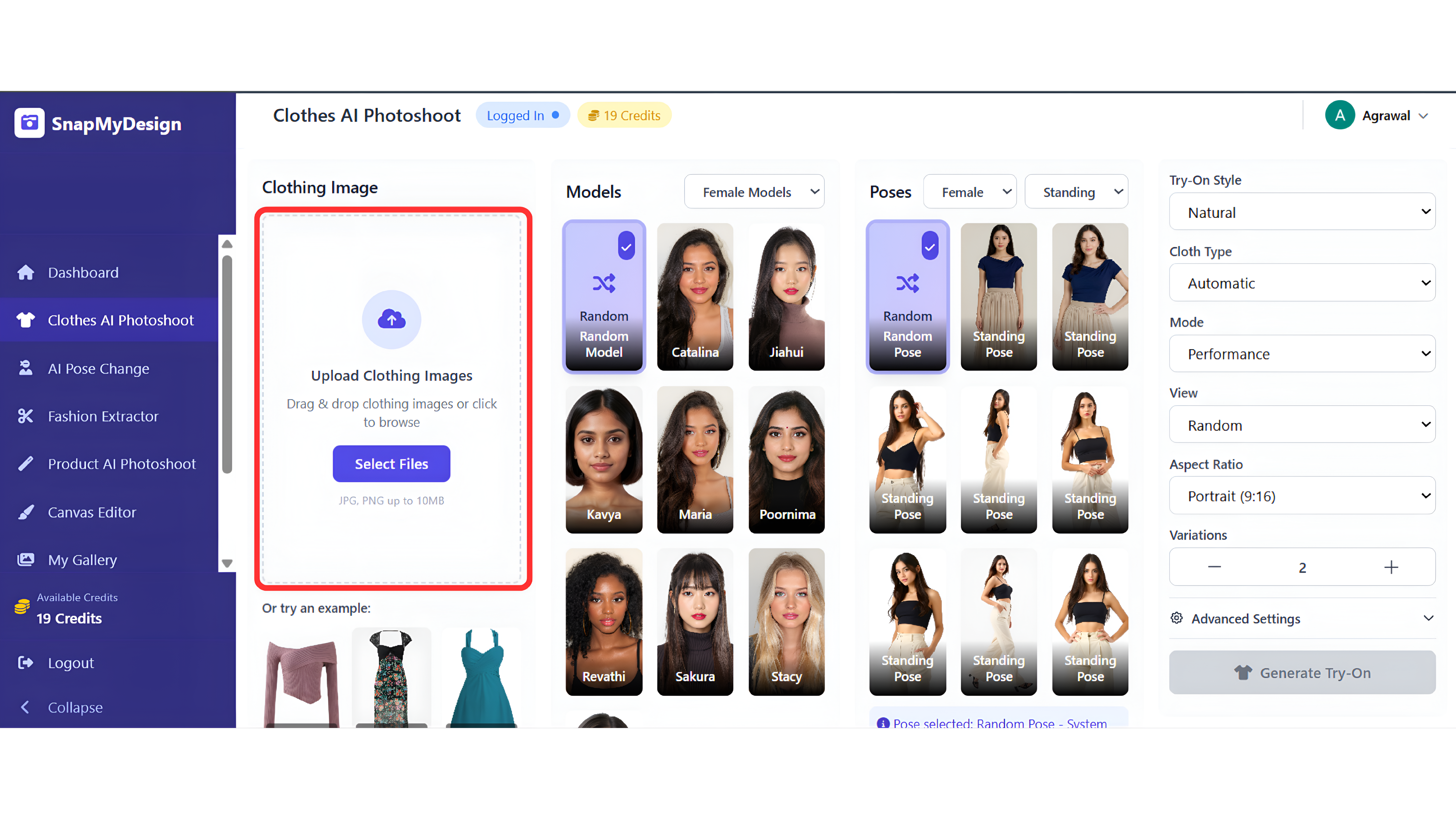 SnapMyDesign AI-powered photoshoot dashboard showing the clothing image upload step for generating catalogue-ready fashion images.