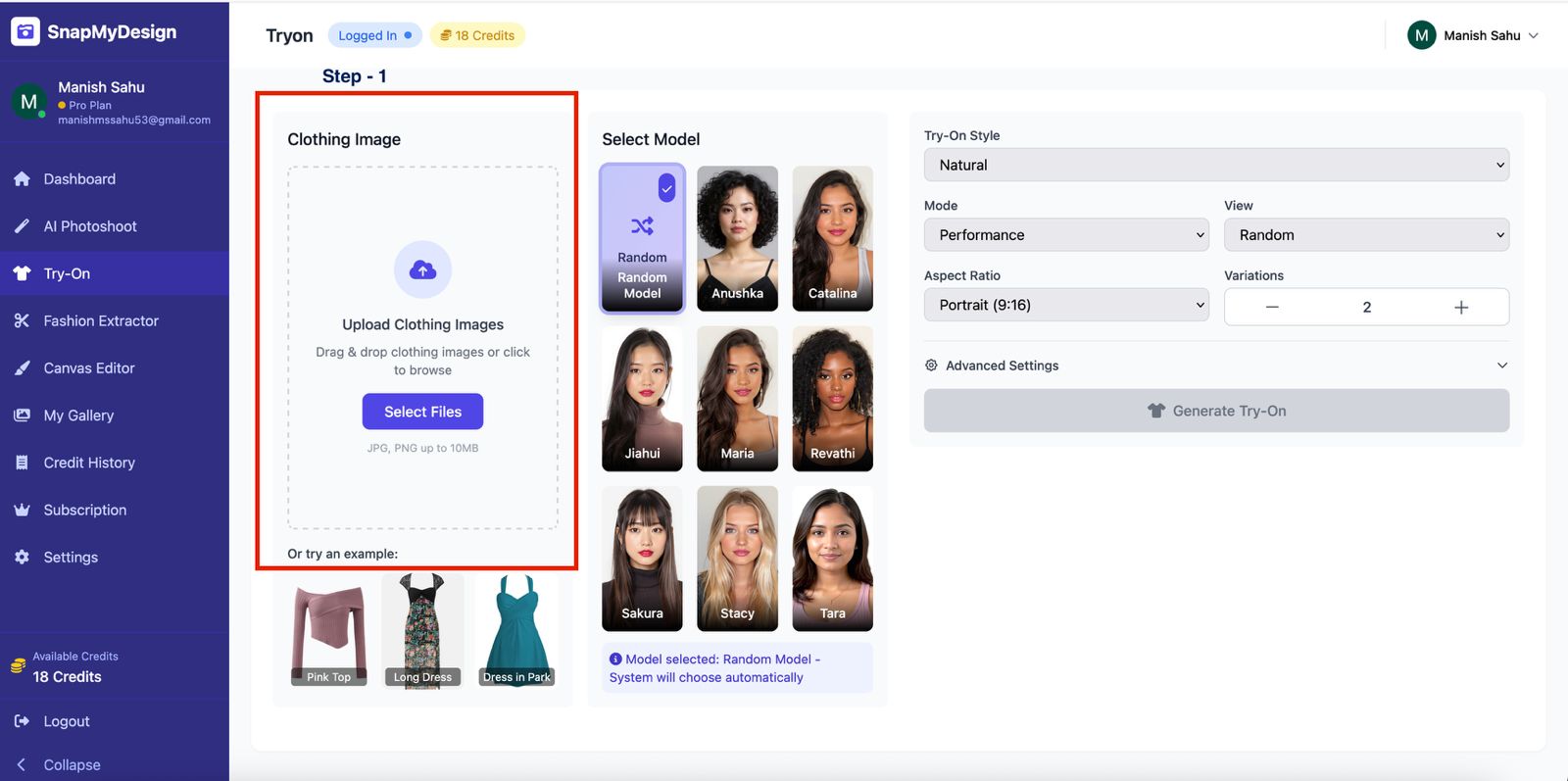 SnapMyDesign AI-powered virtual try-on interface showing clothing image upload, AI model selection, and try-on settings for fashion e-commerce brands.