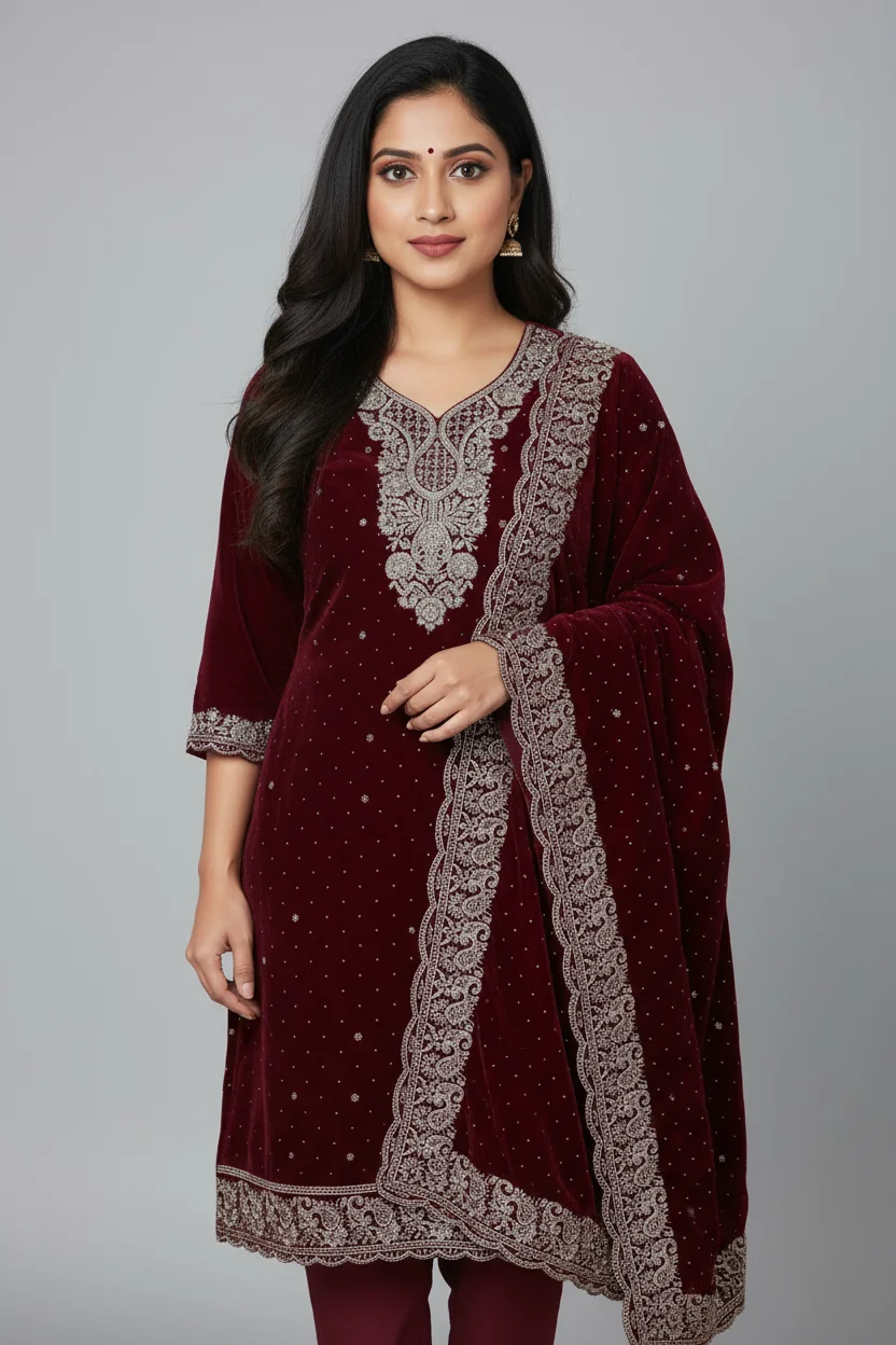 Indian woman with an oval face, olive skin, expressive dark eyes, arched eyebrows, and prominent cheekbones, with of long, wavy hair. wearing this  in studio with pastel grey color background Do not change any pattern and design of clothes provided.