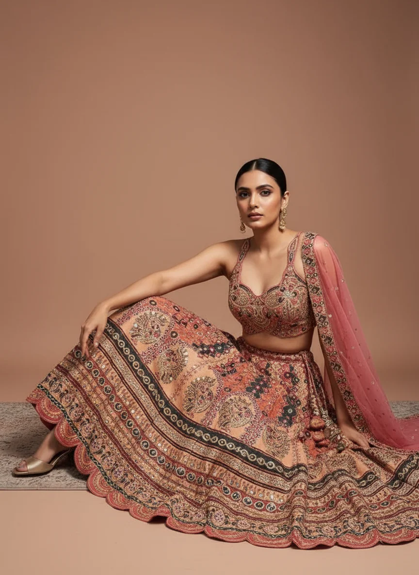person wearing this in studio with pastel brown color background. She is sitting with right leg crossed over left, leaning forward and looking confidently at the camera. Do not change any pattern and design of clothes provided.
