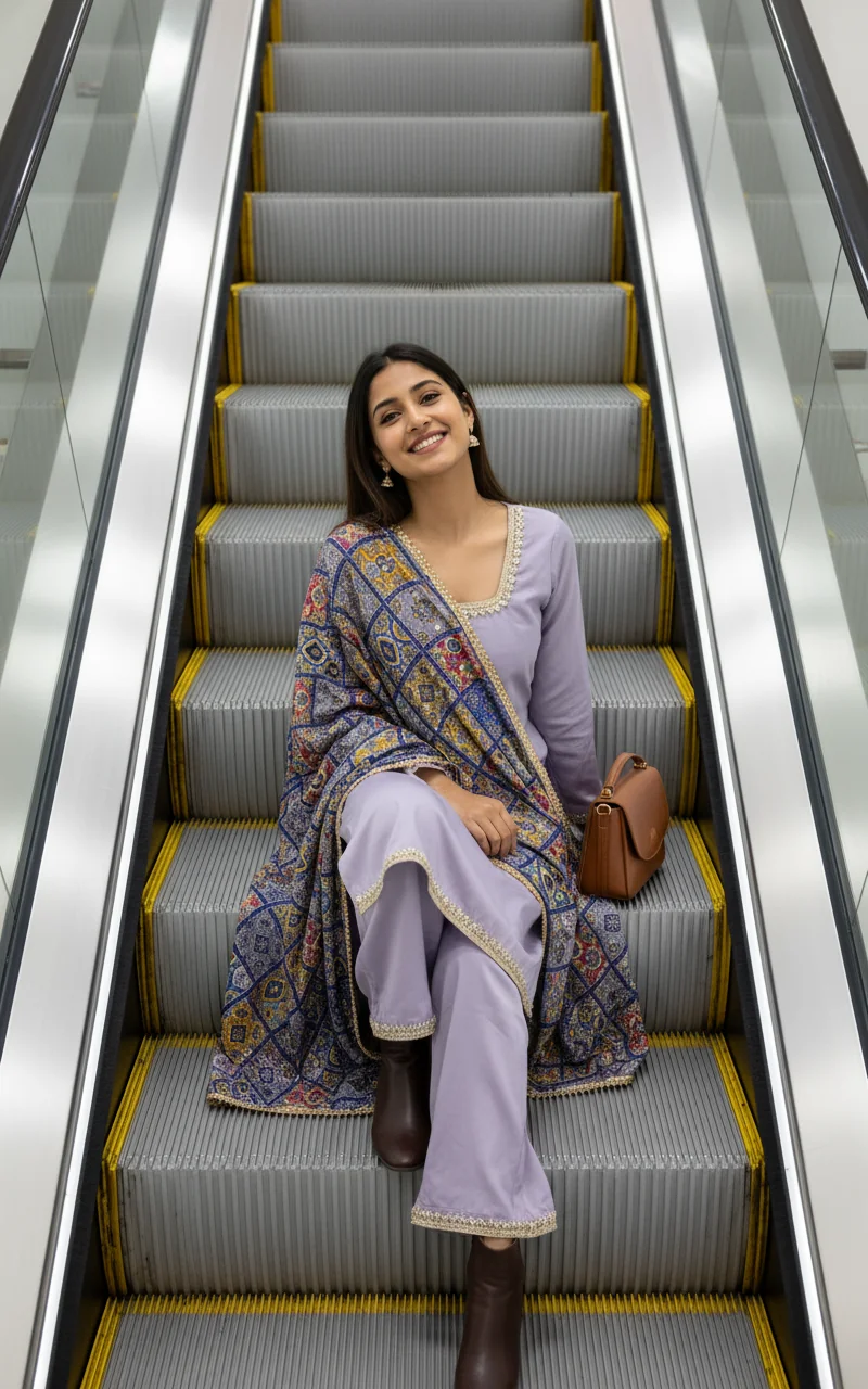 A high-resolution, vertically framed photo taken from directly above a wide escalator, showcasing a young woman seated casually on the metal steps. The escalator steps fill nearly the entire frame, their metallic ridges and bold yellow safety lines creating a clean, graphic background. The shot is captured using an 85mm focal length lens, offering natural compression that minimizes side panel distortion and emphasizes the crisp, horizontal rhythm of the steps.
The woman this clothes. Her posture is relaxed and natural as she tilts her head back toward the camera with a warm, spontaneous smile. Soft, ambient indoor lighting gently enhances the fine knit texture of the sweater, the smooth leather grain of the boots and bag, and the metallic details of the escalator steps, producing an editorial feel that's stylish yet effortlessly approachable. Do not change any pattern and design of clothes provided.