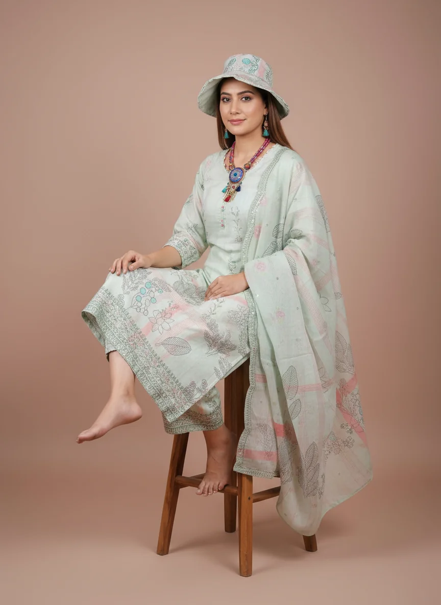 person wearing this in studio with pastel brown color background. She is sitting on a tall stool facing forward, her left knee bent up with her foot on the stool's rung, looking directly at the camera. Do not change any pattern and design of clothes provided.