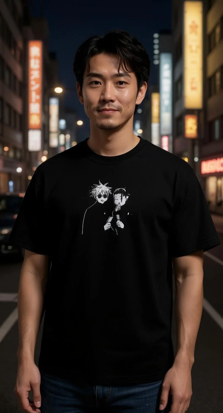 Japanese man wearing this tshirt in tokyo street in the night time, city filled with neon lights