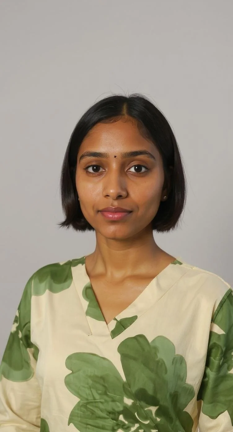 young Indian woman with has an oval face, olive skin, short hair wearing this in studio with pastel grey color background