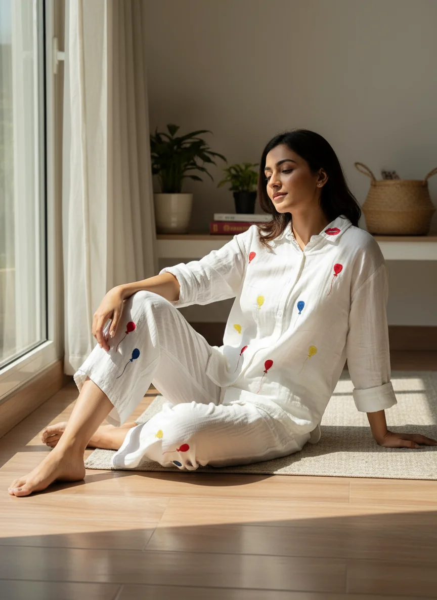 person wearing this in Home. The woman reclines naturally on floor. Her pose is relaxed and unforced, limbs gently bent with one hand lightly touching her ankle Do not change any pattern and design of clothes provided.