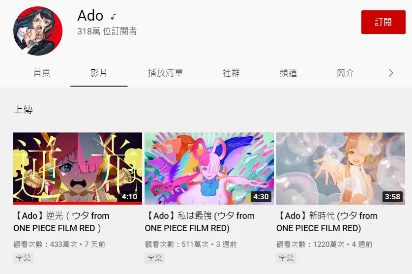 ▲歌手「Ado」目前已發布的三首美音MV（圖／Ado的Youtube）