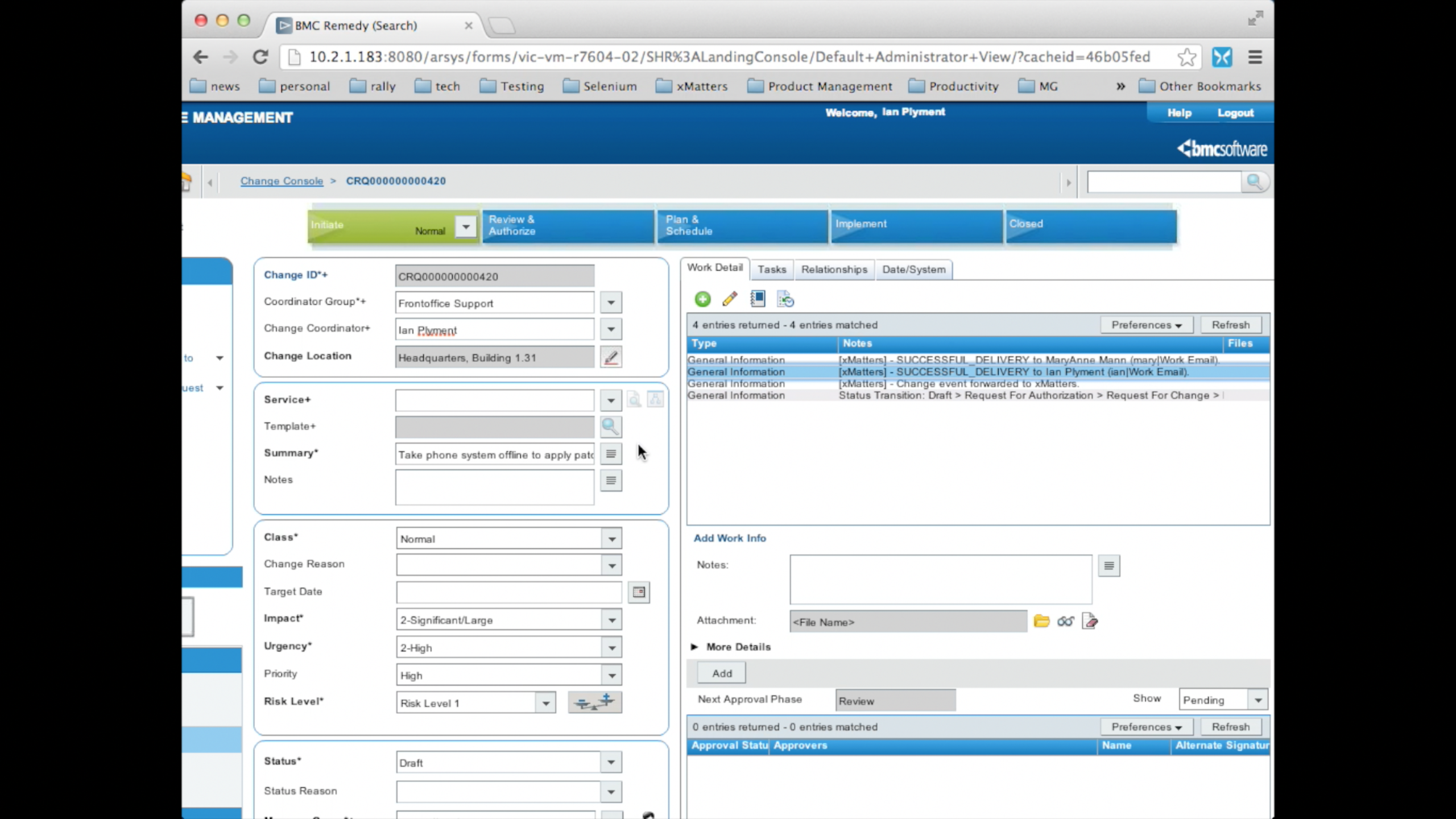 remedy change itsm bmc management request integration audit screenshots