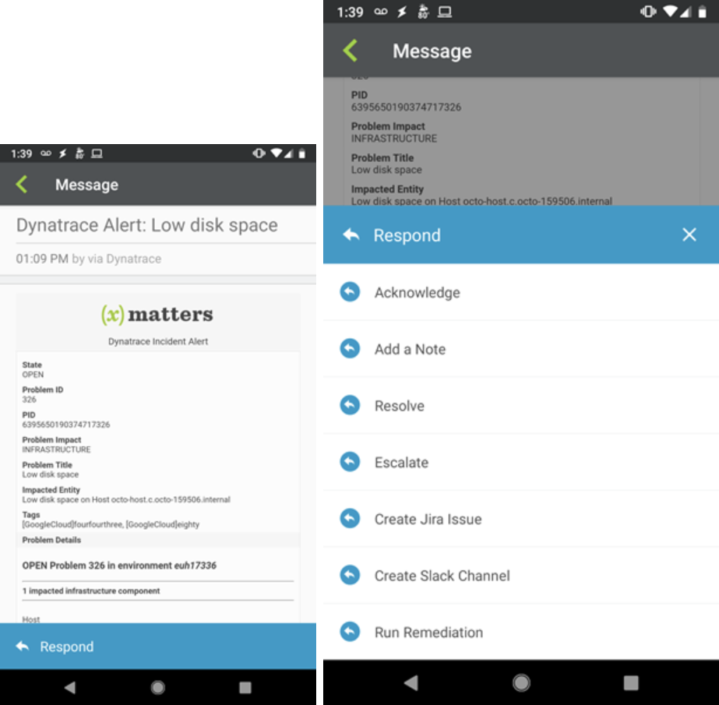 xMatters passes Dynatrace data into alerts (left) with actionable responses (right). 