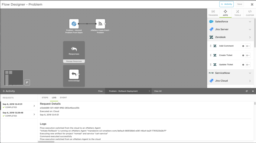 Per the remediation workflow built in xMatters Flow Designer, responders have the option to execute a rollback through keptn - all through their mobile devices.