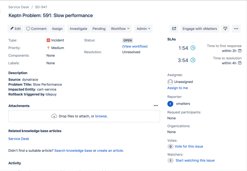 xMatters creates a Jira Service Desk ticket and passes through related information to capture data across tools and automatically update based on actions taken.