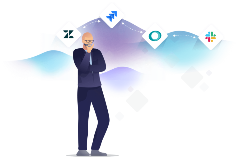 Man thinking about workflows, visualizing connecting applications like Jira, Slack and others