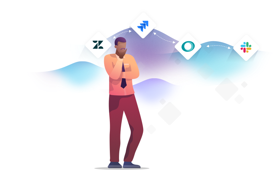 Man thinking about workflows, visualizing connecting applications like Jira, Slack and others
