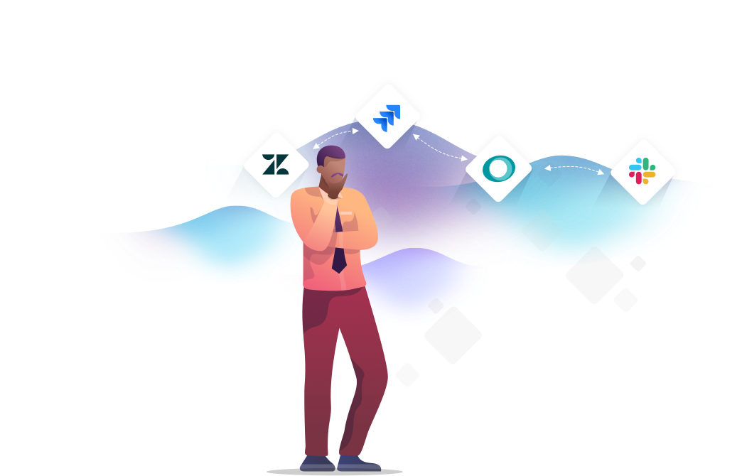 Man thinking about workflows, visualizing connecting applications like Jira, Slack and others