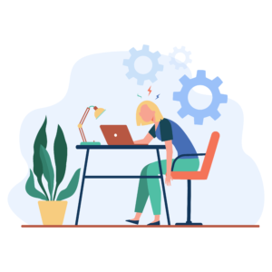 In this illustration, a woman sits in a chair looking at her laptop.