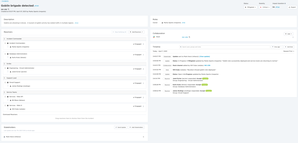 An image of an xMatters incident with resolvers added