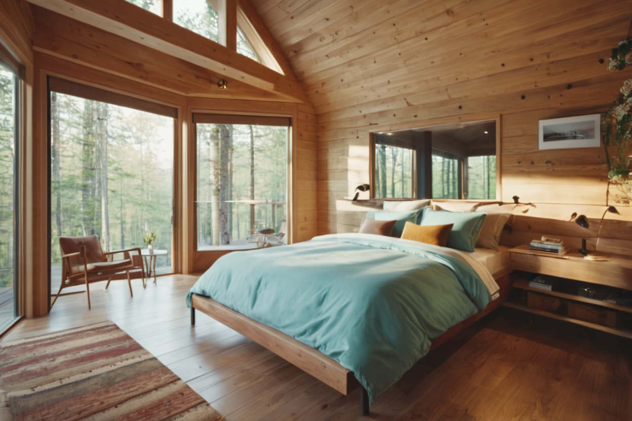 photo from pinterest of Rustic style Bedroom interior embraces a modern, minimalist design, emphasizing natural materials and ample natural light. The walls are clad in light-colored wood paneling, giving the room a warm and inviting feel. The ceiling is sloped, enhancing the sense of spaciousness in the room. The floor is covered in light-colored hardwood, complementing the wooden walls and adding to the room's cohesive aesthetic.

At the center of the room is a large bed with a light blue duvet and pillows. The bed frame is made of wood, blending seamlessly with the room's overall design. The bed is positioned near a large window that extends from floor to ceiling, offering an unobstructed view of the surrounding forest. The window is framed by light-colored wood, matching the walls and adding to the room's natural color palette.

To the left of the bed, there is a wooden chair with a simple design, positioned near a small table. The table is adorned with a few items, including a vase with flowers and a small potted plant, adding a touch of greenery to the room. The chair's wooden frame matches the bed and chair, maintaining a consistent theme throughout the space.

On the right side of the bed, there is a wooden nightstand with a mirror above it. The nightstand has a few items on top, including a stack of books and a small decorative object. The mirror reflects the room, enhancing its depth and making the space appear larger. The nightstand's wooden frame is integrated into the wall, blending seamlessly with the rest of the room.

The room is well-lit by natural light streaming in through the large windows. The sunlight casts soft shadows on the walls and floor, creating a warm and welcoming atmosphere. The windows are framed by light-colored wood, matching the walls and adding to the room's cohesive aesthetic.

Overall, the bedroom is a harmonious blend of modern design, natural materials, and ample natural light. The minimalist approach creates a clean and uncluttered space, allowing the room's features to shine. The use of light colors and simple lines contributes to the room's serene and tranquil ambiance, making it a perfect retreat for relaxation and rejuvenation.