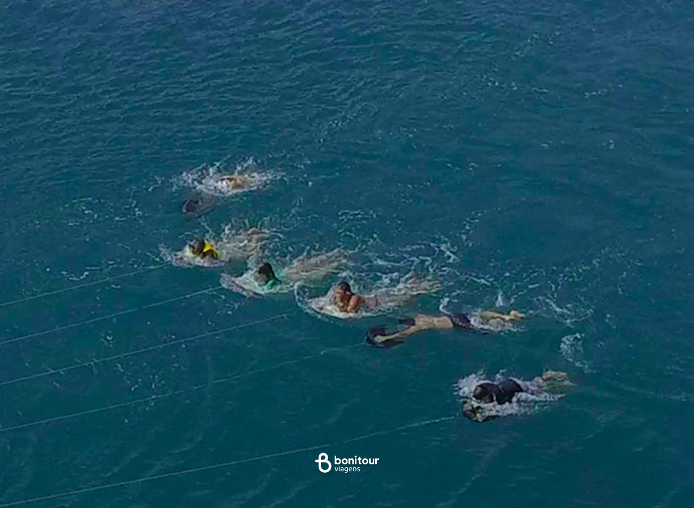Pessoas realizando o mergulho aqua sub reboque em mar de Fernando de Noronha