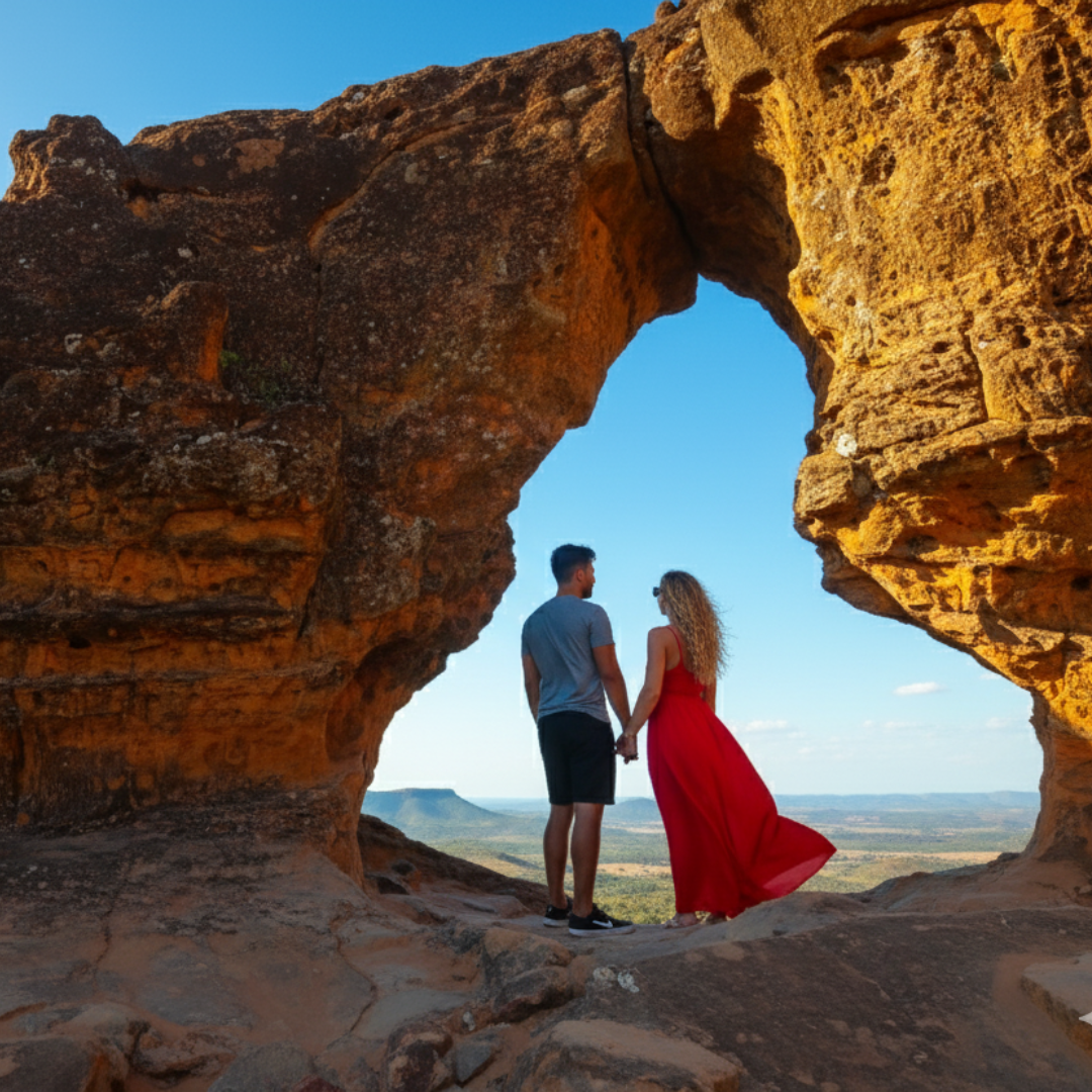 Casal posando no Portal da Chapada das Mesas em passeio da Jericar Viagens