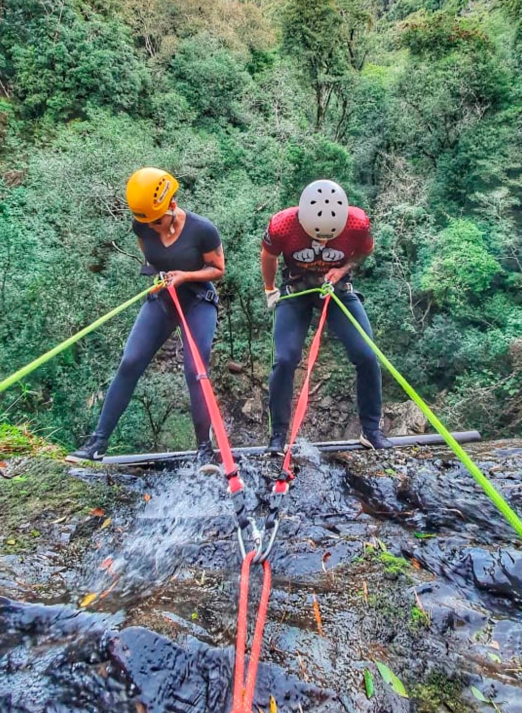 Pessoas descendo de Rapel em meio a Natureza