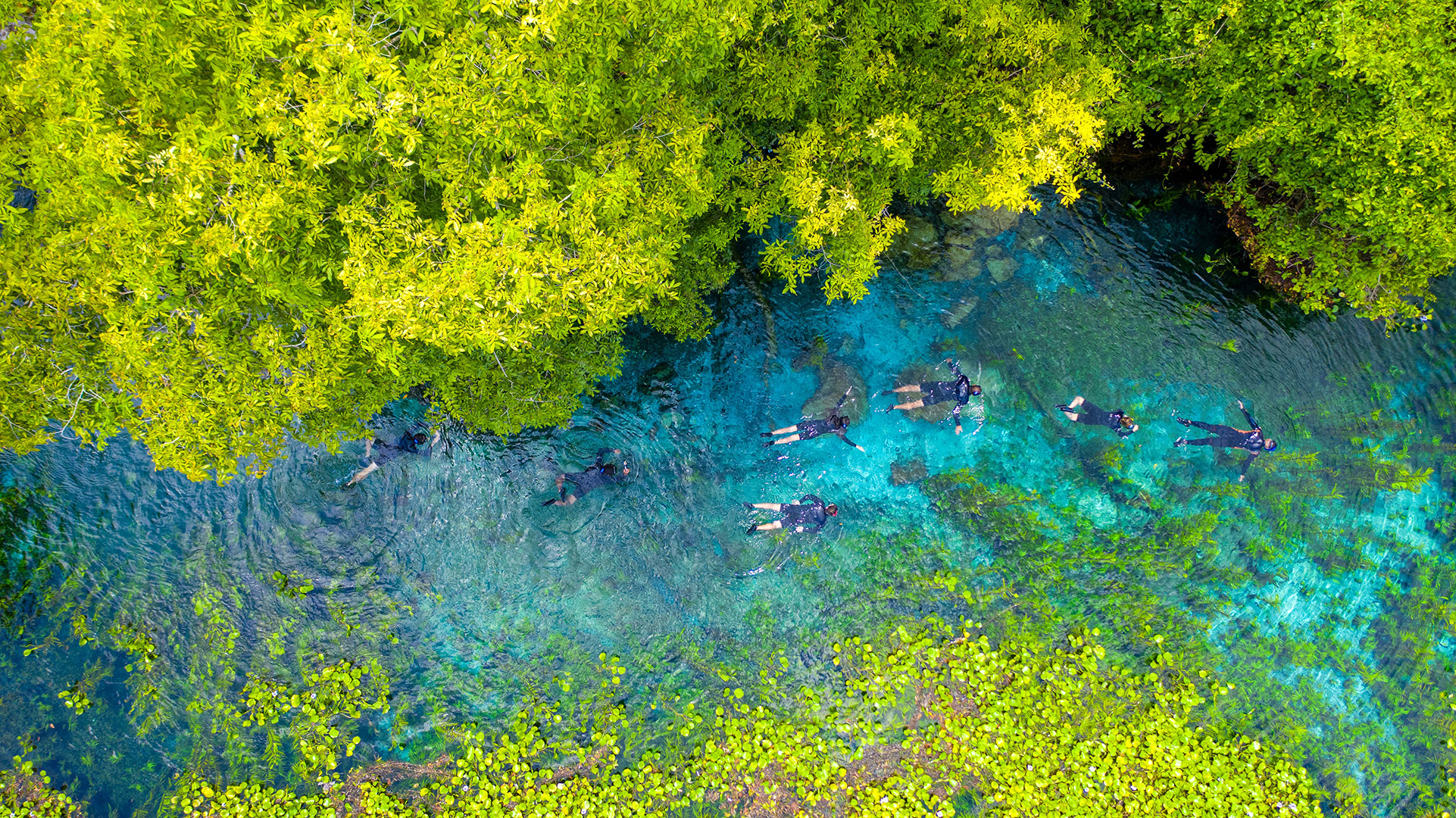 vista aérea de pessoas realizando flutuação na nascente da serra